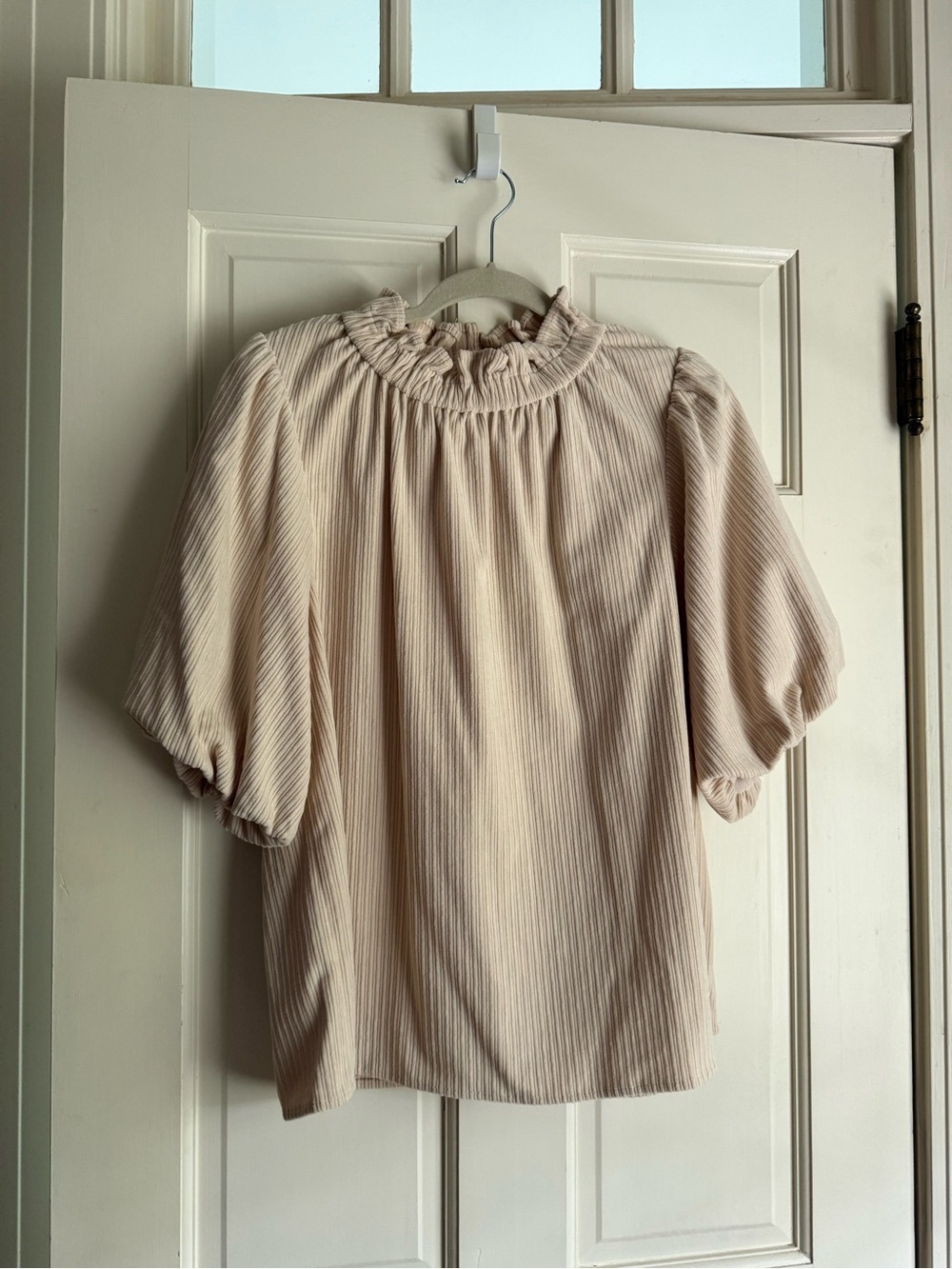 THML Soft Cream Ruffle-Neck Puff Sleeve Blouse